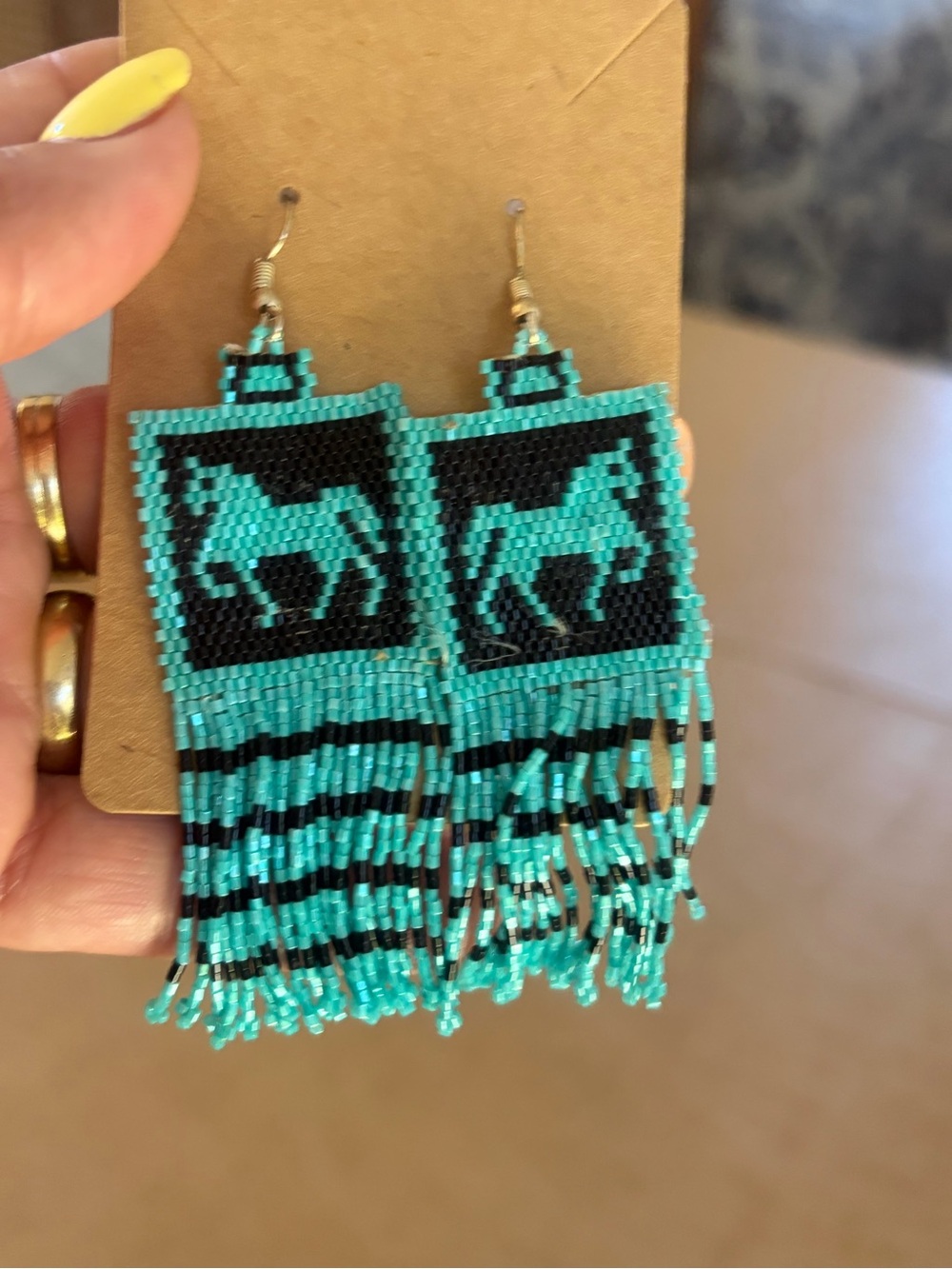 Turquoise and Black Beaded Horse Fringe Earrings hand made